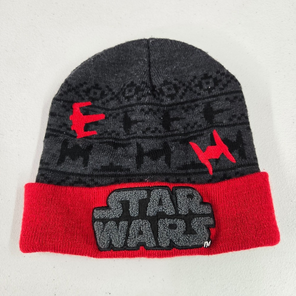 Star Wars‎ Men Hat OS Red Chenille Patch Logo Knit Beanie Foldover